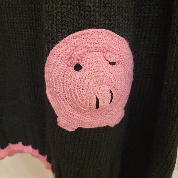 Quacker Factory Pig Quarter-Zip Sweater Black/Pink Cotton Women's M NWT - Picture 2 of 16